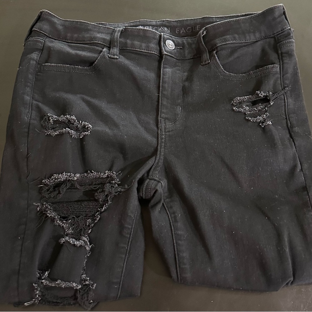 AMERICAN EAGLE WOMENS DREAM STRETCH JEGGING DESTROYED BLACK 10L/30W - Picture 1 of 9